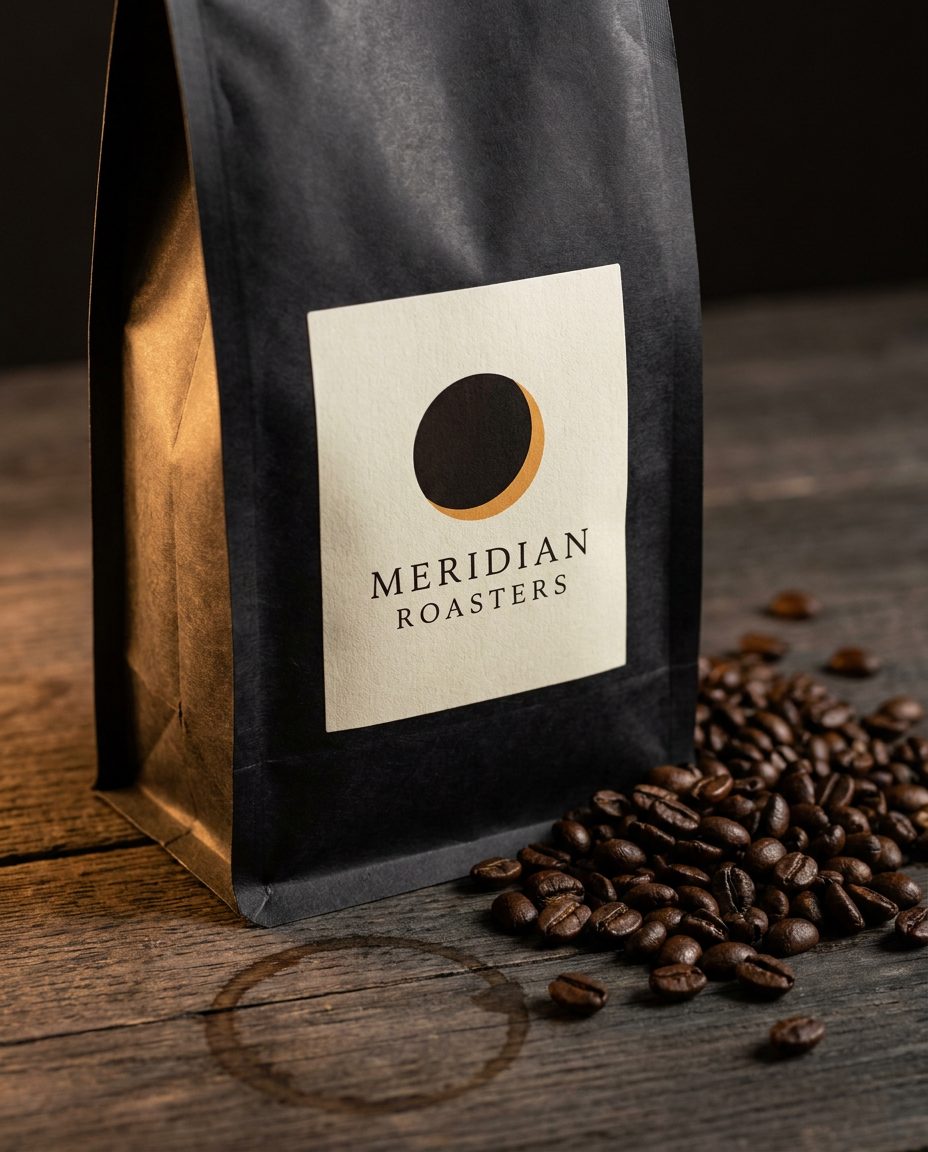 Meridian Roasters coffee bag with a visible eclipse brand mark