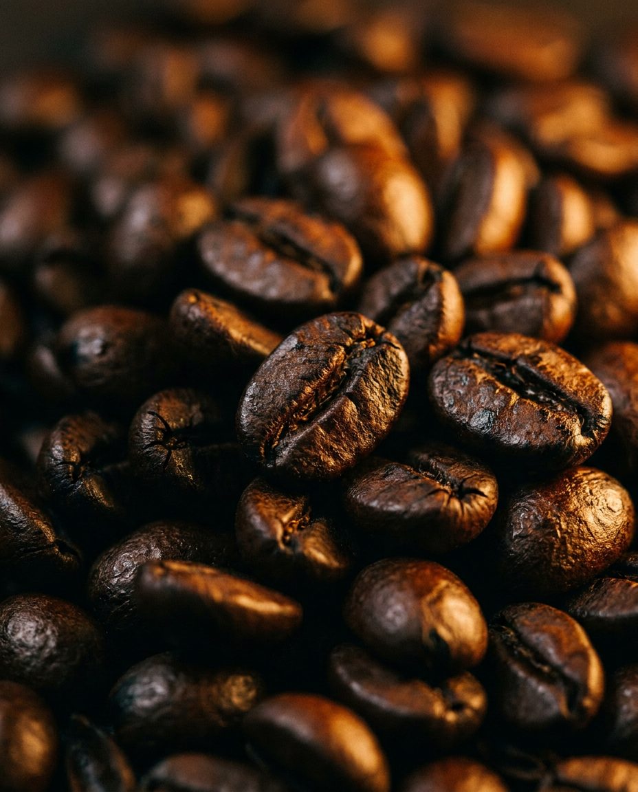 Macro shot of oily dark roasted coffee beans