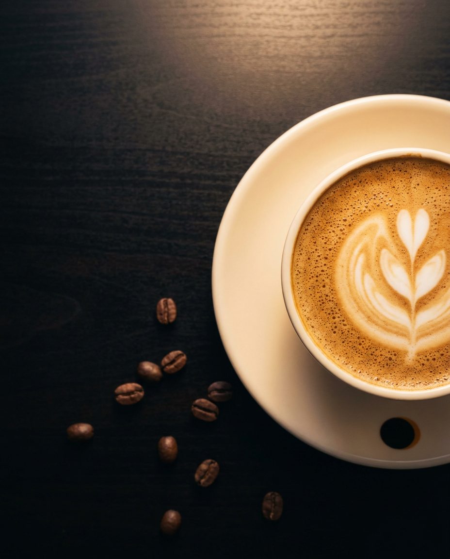 Overhead espresso with crema on dark wood
