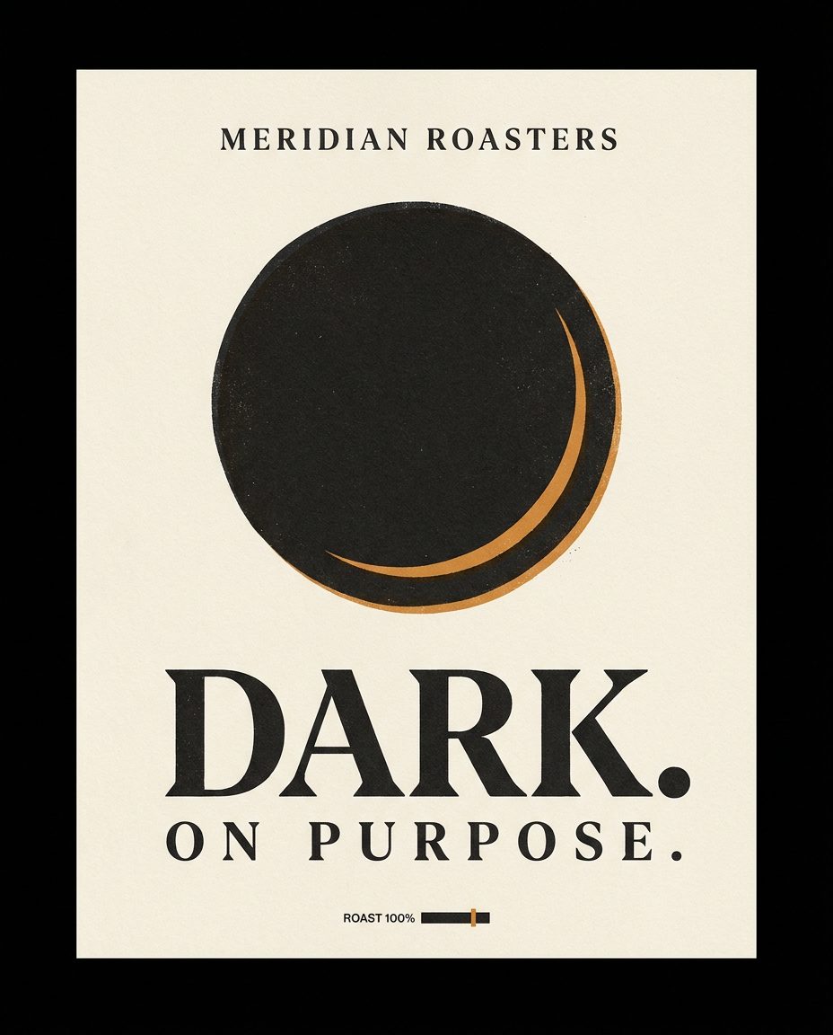 Meridian Roasters poster reading DARK. ON PURPOSE.