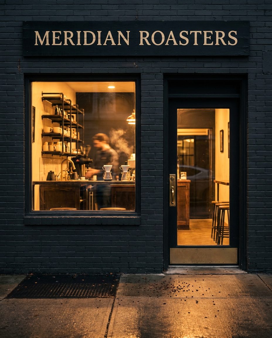 Meridian Roasters storefront at dusk using a dark warm heritage visual system