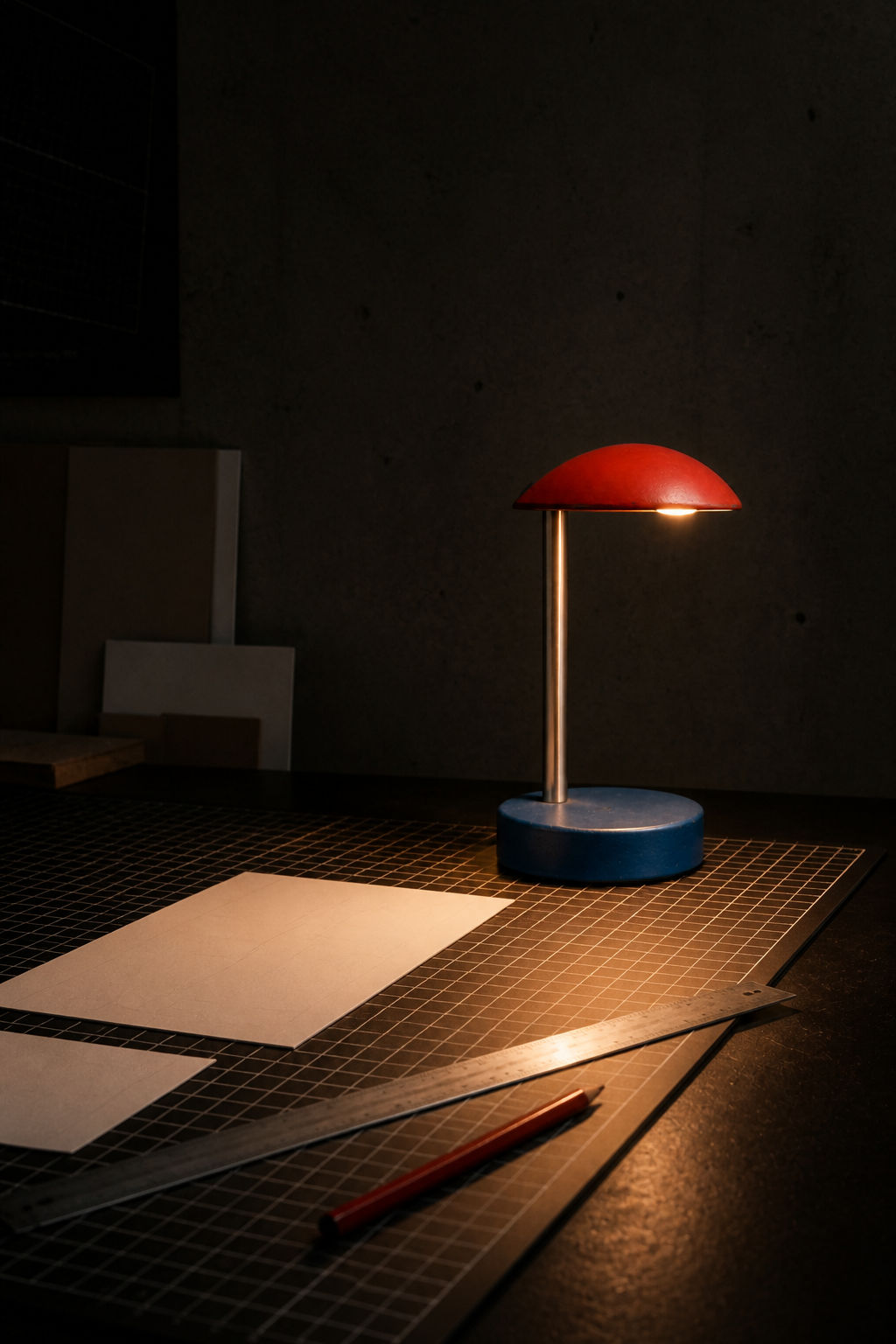 Synthetic concept photograph of the same desk lamp lighting an after-hours design worktable