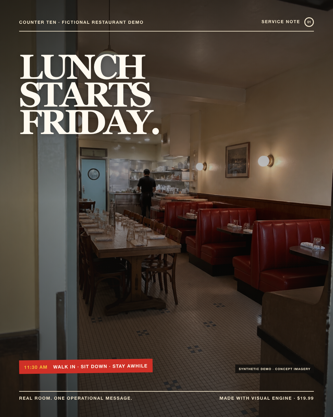 Real-room COUNTER TEN lunch service announcement built from physical restaurant context