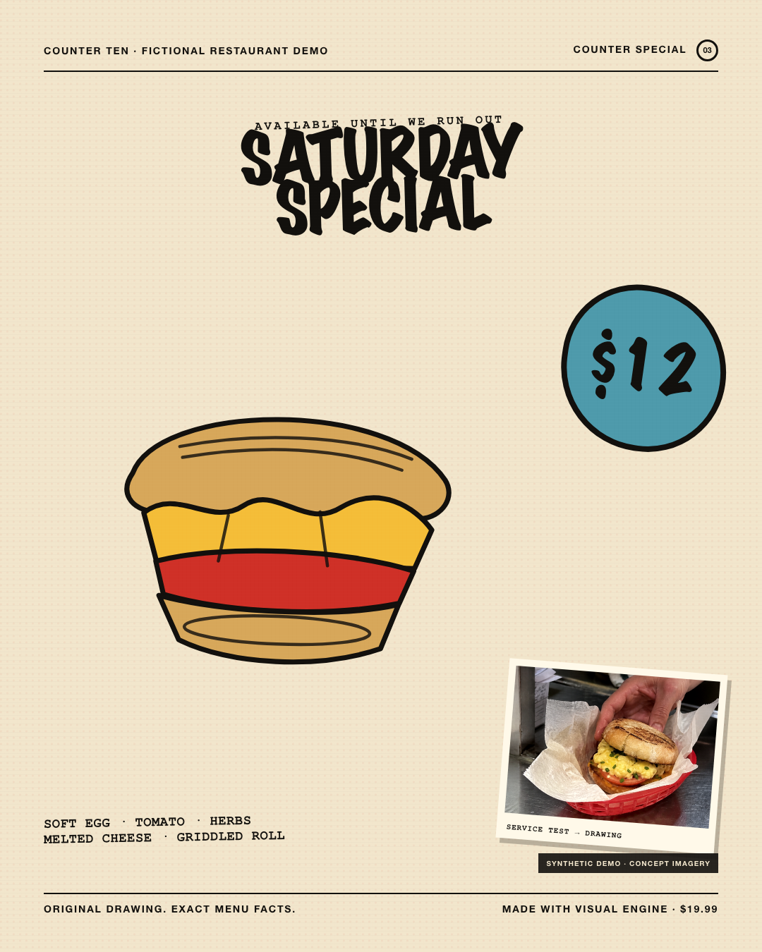 Original hand-drawn Saturday special flyer with separate exact menu facts and service-photo evidence