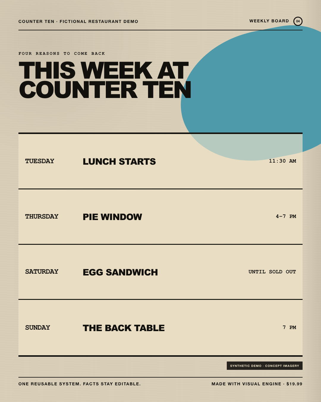 Photocopied fictional weekly restaurant board with four rows of editable event information